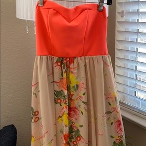 Neon coral and floral High low dress.